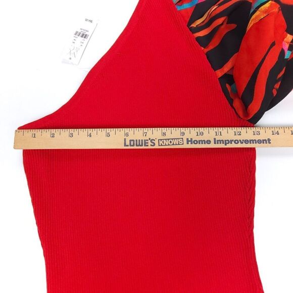 NWT NY&CO One Shoulder Asymmetric Ribbed Knit Puff Sleeve Top Medium Resort Red - Picture 4 of 7